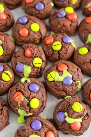 Halloween cookies with M&Ms and green ooze in the center