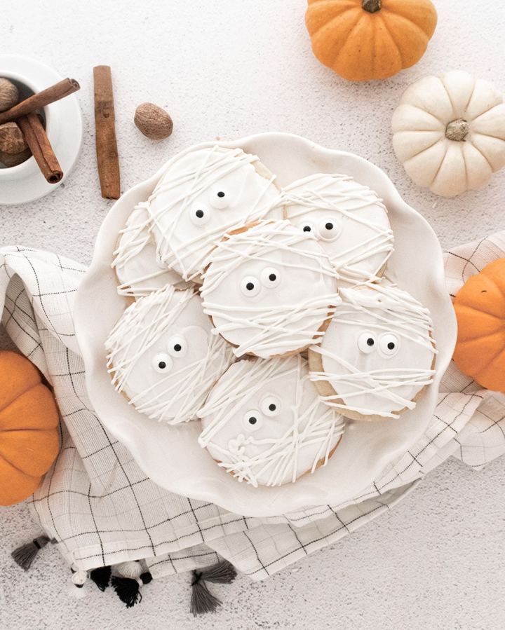 Halloween Mummy Cookies on a white plate