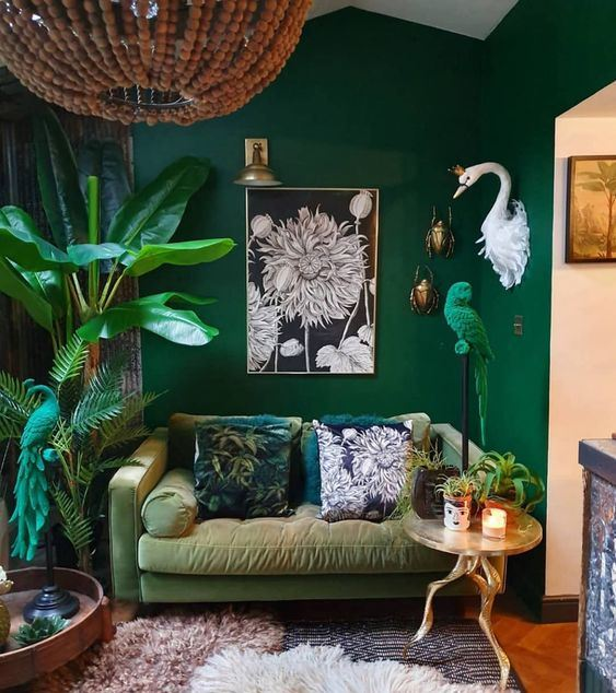 Quirky charm boho living room in a striking emerald hue