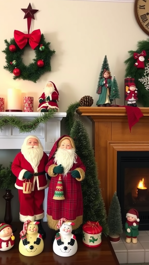 A collection of antique Santa figurines surrounded by Christmas decorations.