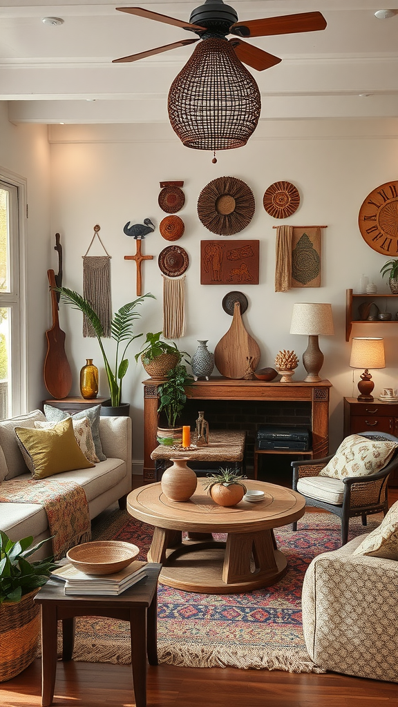 A cozy living room showcasing artisanal craftsmanship with handmade decor pieces.