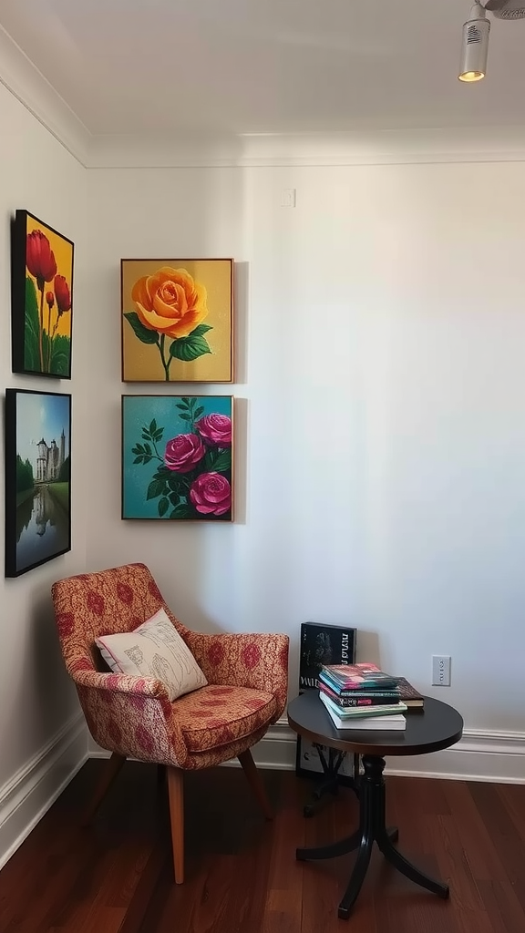 A cozy corner with colorful paintings and a comfortable chair.