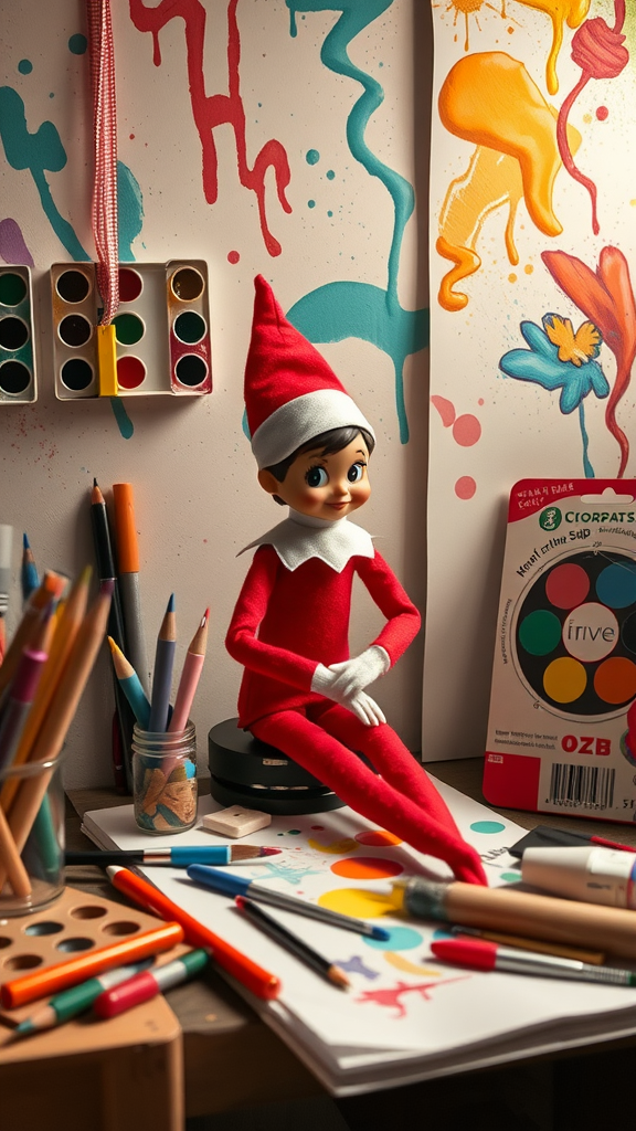 A cheerful elf doll sitting in an art space filled with colorful supplies and artwork.