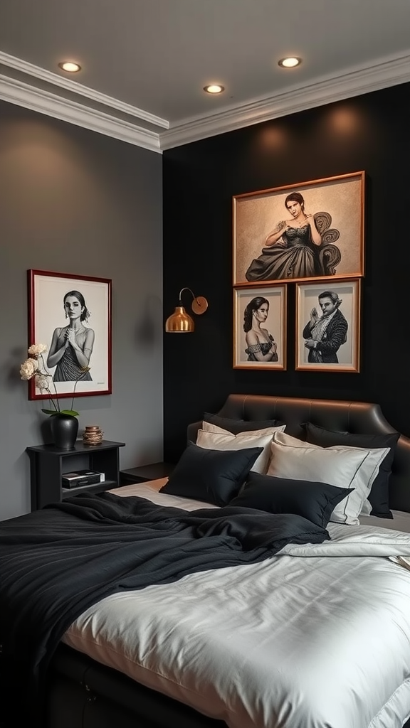 A stylish black and gold bedroom featuring elegant wall art.