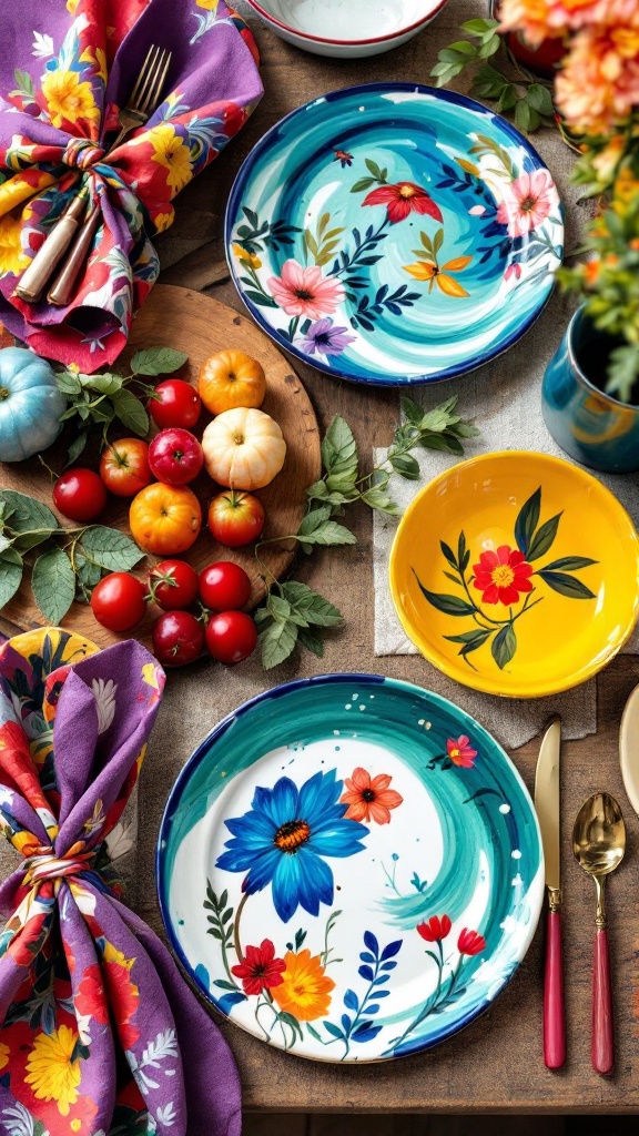 Colorful hand-painted plates displayed with fruits and a floral napkin