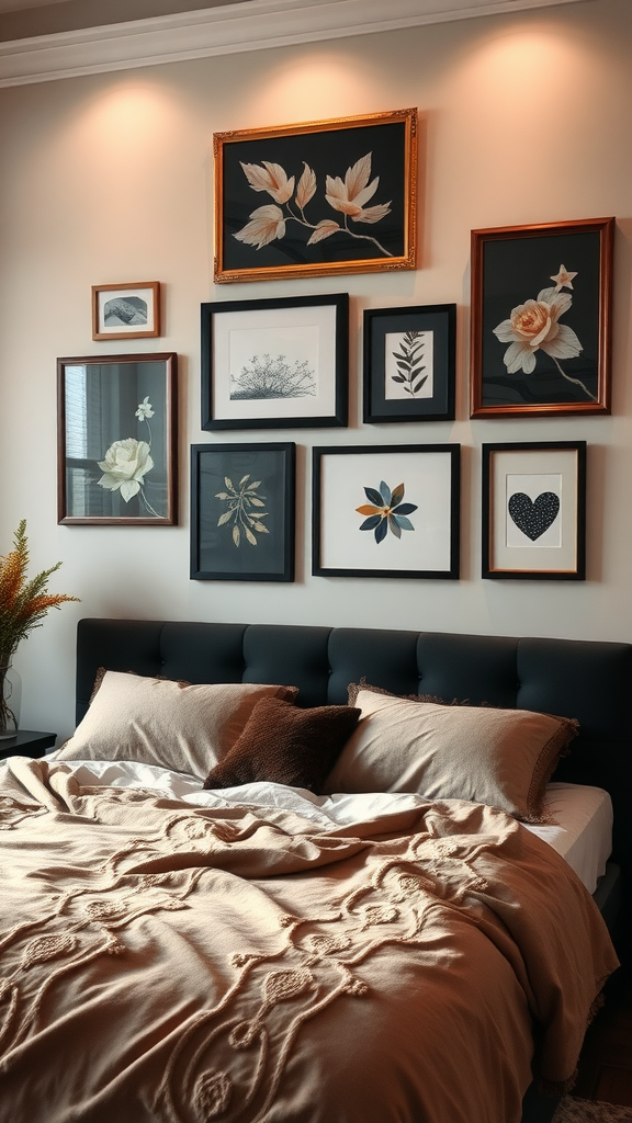 A romantic black and gold bedroom featuring artistic wall decor with floral prints and framed artwork.