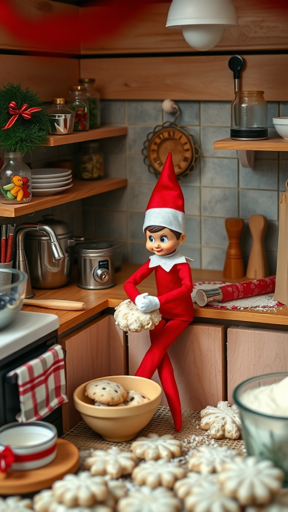 An elf doll sitting in a cozy kitchen, surrounded by baking supplies and festive decorations.