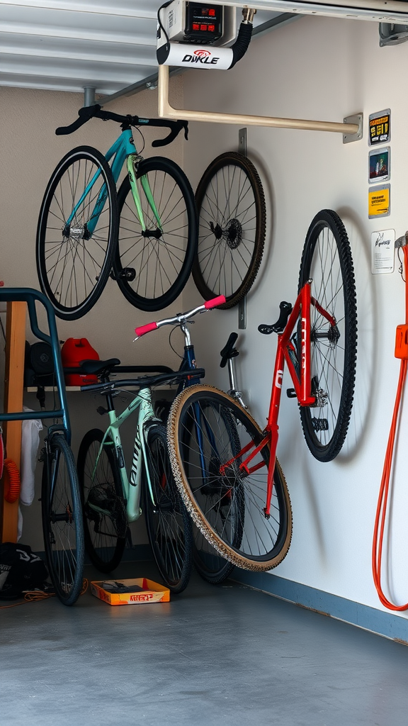 A well-organized garage displaying several bikes on wall-mounted racks.