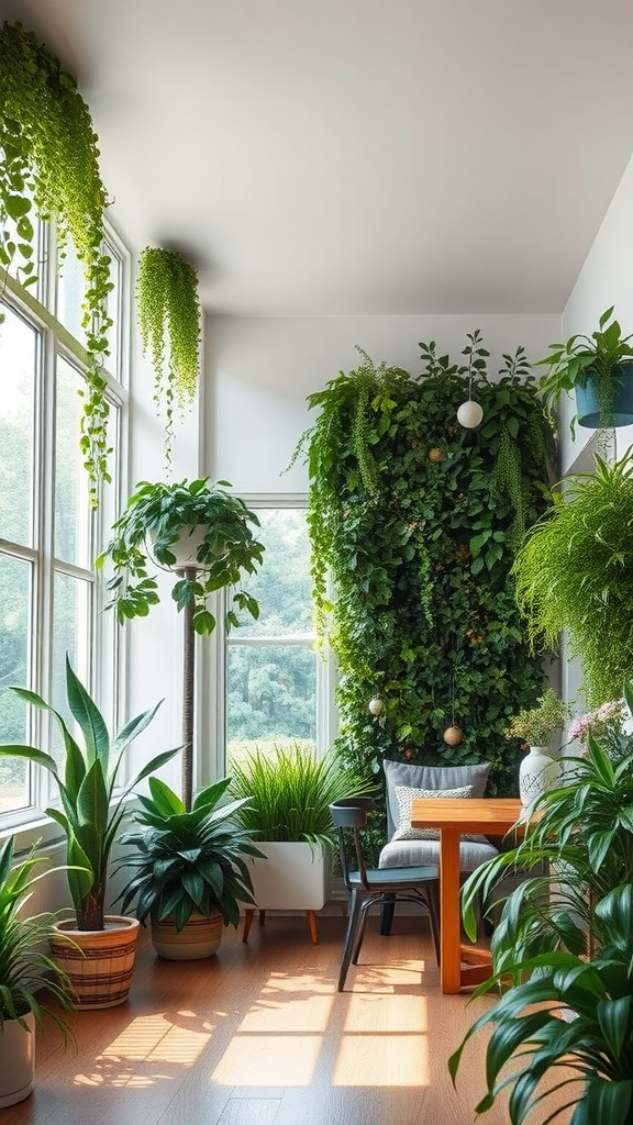 Interior with various plants and a wooden table by large windows.