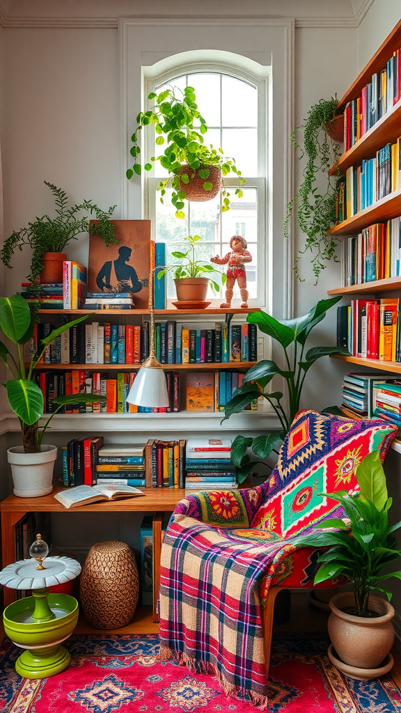 A cozy reading nook with plants, colorful textiles, and a bookshelf filled with books.