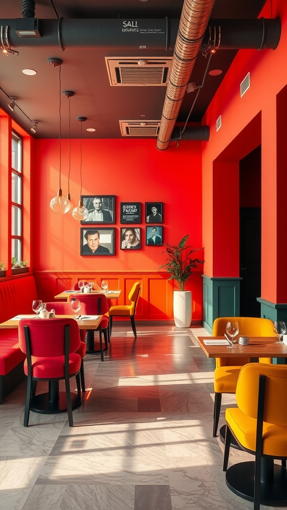 A vibrant dining area featuring red walls and colorful chairs.