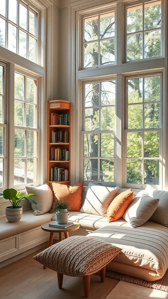 Cozy nook with large windows, cushions, and plants