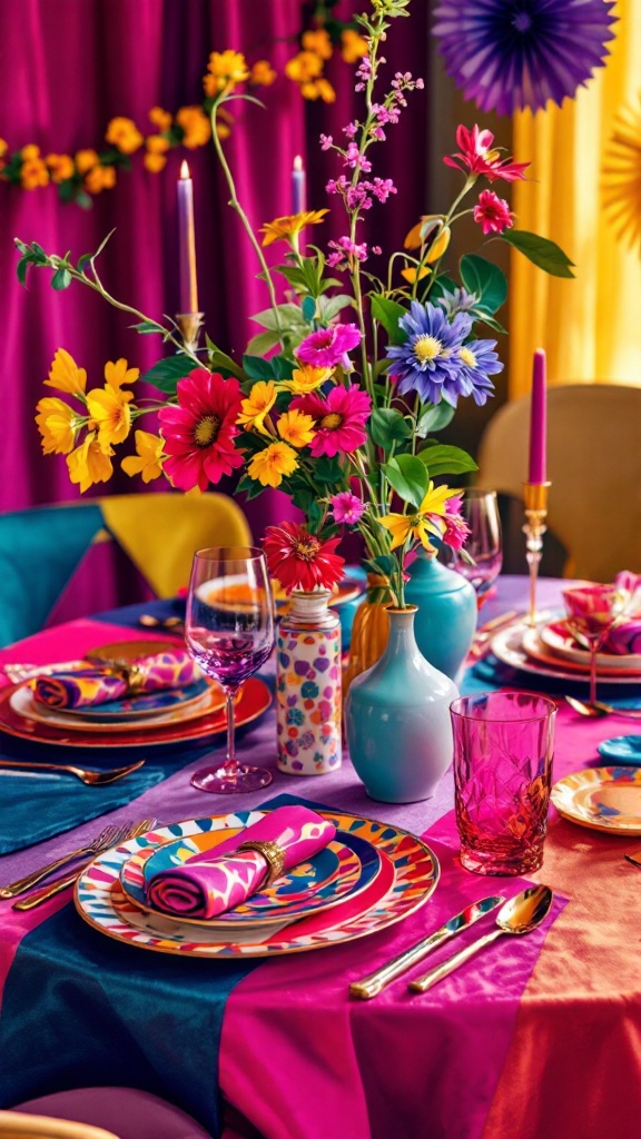 A colorful Christmas table setting with jewel tones and floral arrangements.