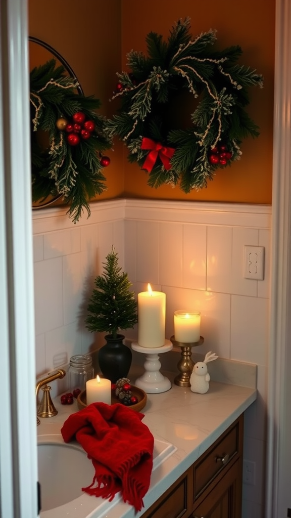 A cozy bathroom corner decorated for the holidays with candles, a small Christmas tree, and festive wreaths.