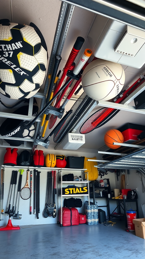 Organized garage with sports equipment stored on ceiling racks.