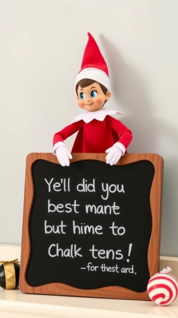 An elf holding a chalkboard with a cheerful message