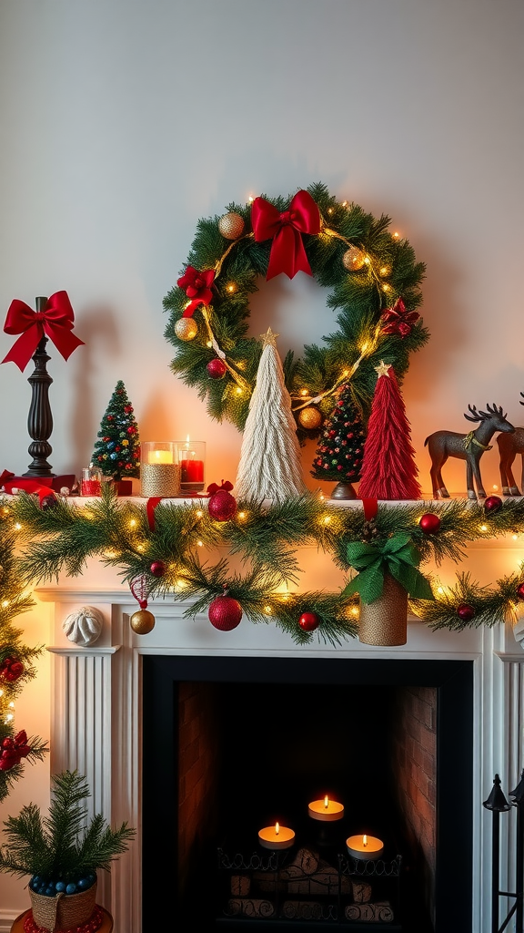 A beautifully decorated Christmas mantel with trees, wreath, and candles.