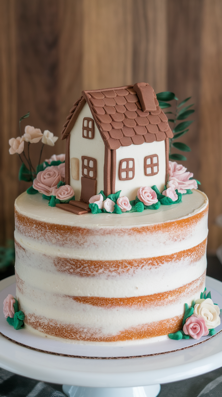 Charming cottage cake with a house design and pink flowers