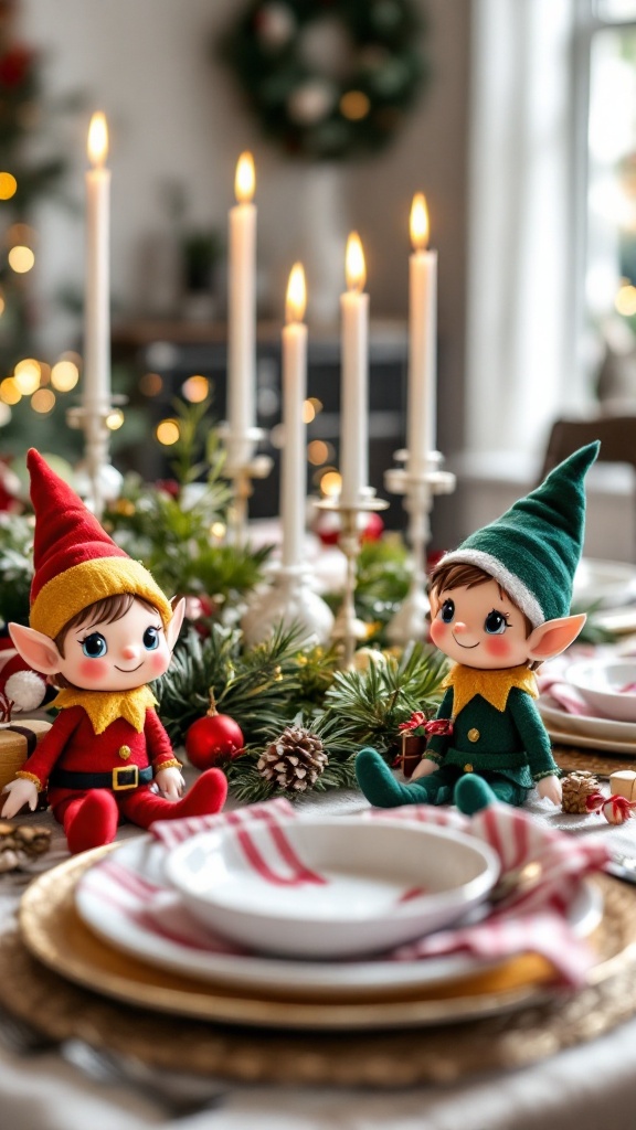 Two charming elf figurines sitting on a beautifully set Christmas table