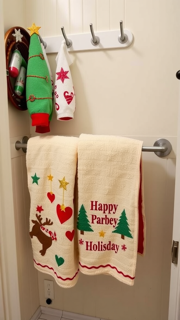 Holiday towels with festive designs hanging on a rack, decorated for the season.