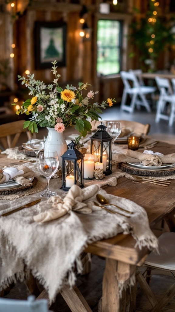 A rustic table setting with flowers, candles, and warm decor.