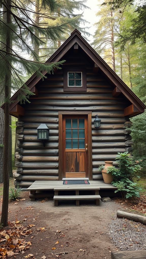 A charming rustic wood cabin with a wooden door and lanterns surrounded by trees.