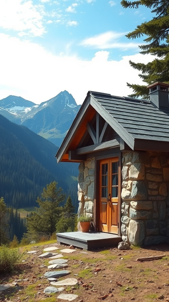 A small cabin with a stone exterior surrounded by mountains and trees.