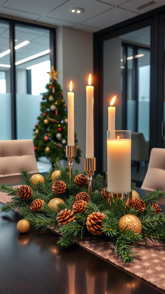 A festive table centerpiece with candles, pinecones, and gold ornaments.