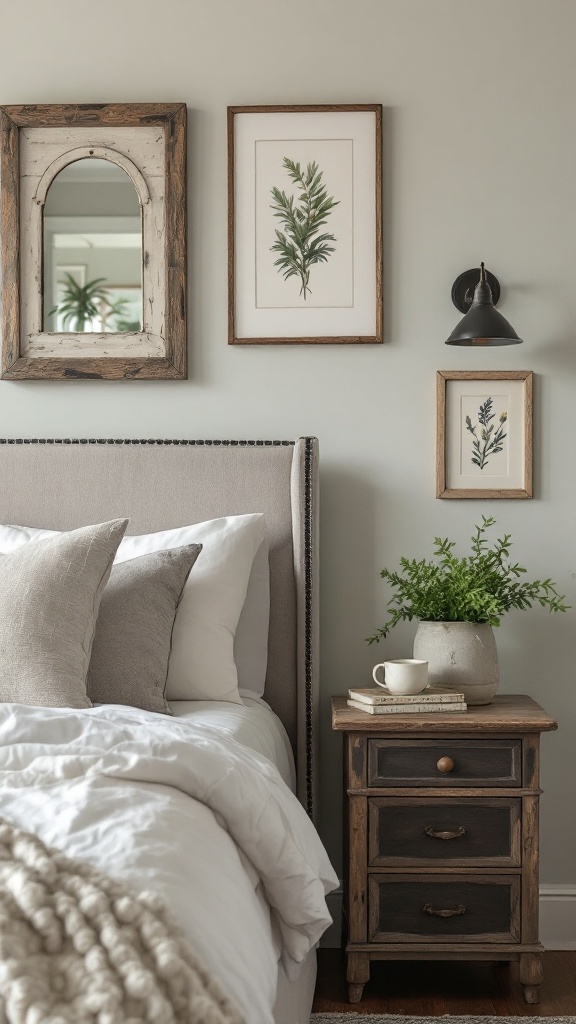 A cozy farmhouse bedroom with framed botanical prints on the wall, a neutral bed with pillows, and a wooden nightstand.