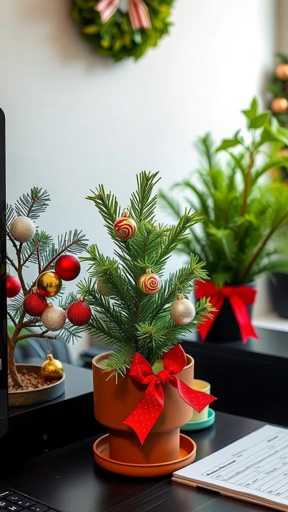 A festive small desk plant with ornaments and a bow, surrounded by other greenery