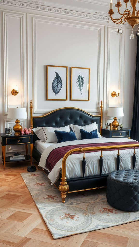 A stylish black and gold bedroom featuring a luxurious bed, elegant nightstands, and chic decor.