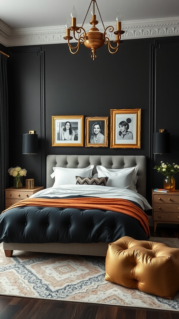 A stylish black and gold bedroom featuring elegant decor elements.