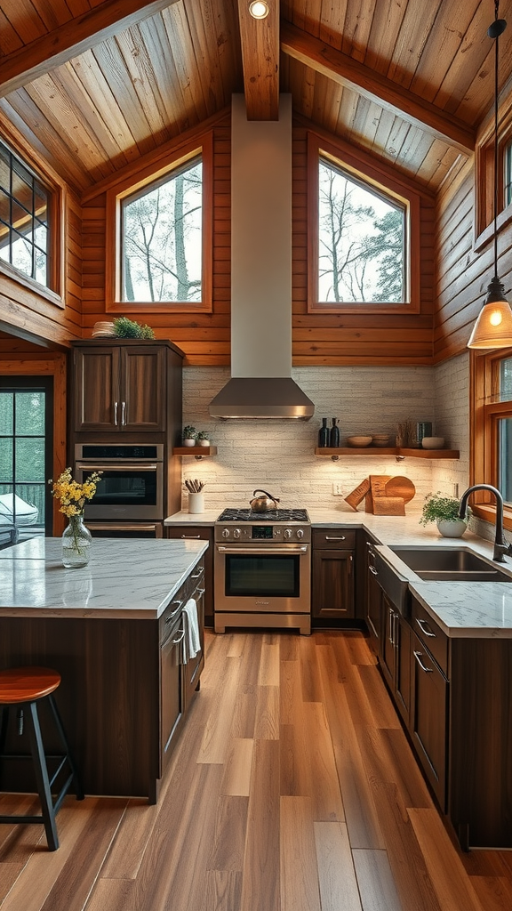 A modern kitchen with wood paneling, large windows, and sleek appliances.