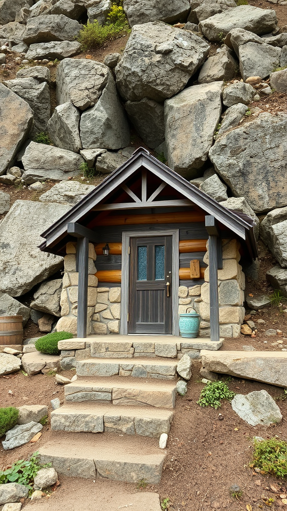 A cozy tiny cabin with stone accents at the entrance, surrounded by large rocks.