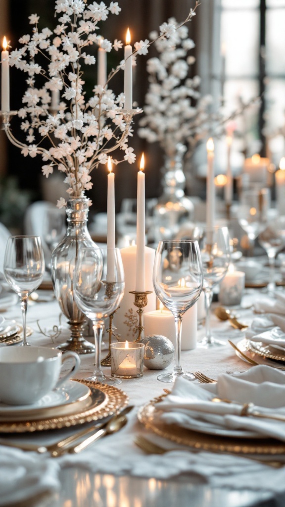 Chic white and silver table setting with candles and floral decorations