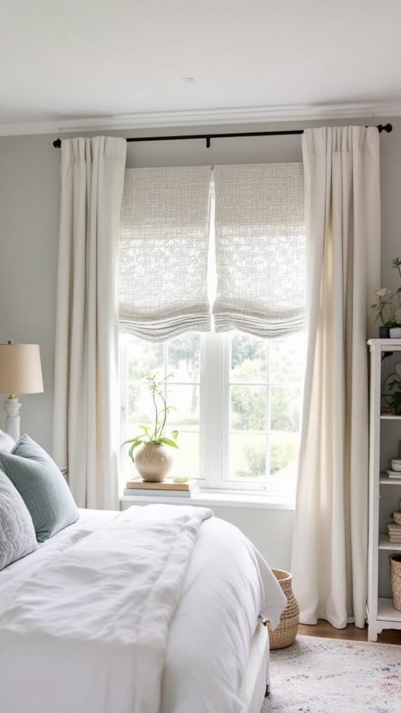 Cozy bedroom with chic window treatments featuring sheer shades and soft curtains.