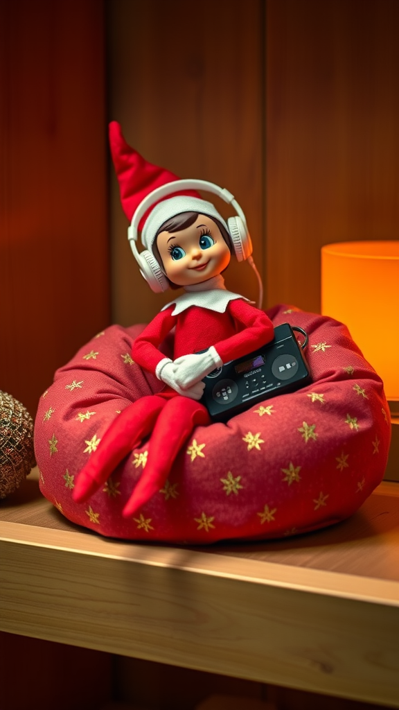 A cheerful elf doll wearing headphones, sitting on a red cushion, holding a music player.