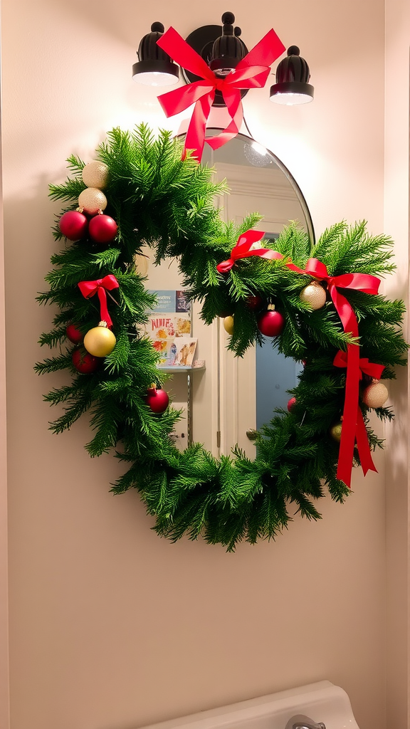 A festive Christmas wreath with red and gold ornaments, ribbons, and green foliage, hanging on a wall next to a mirror.