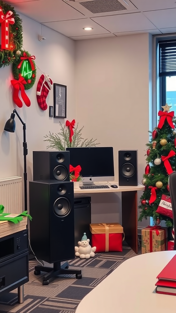 A festive office space decorated for Christmas with speakers, a computer, and a Christmas tree.