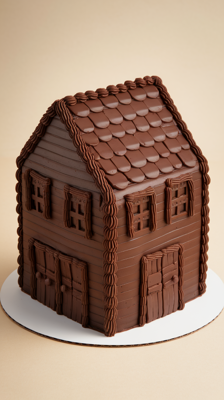 A chocolate cake shaped like a house with detailed icing features