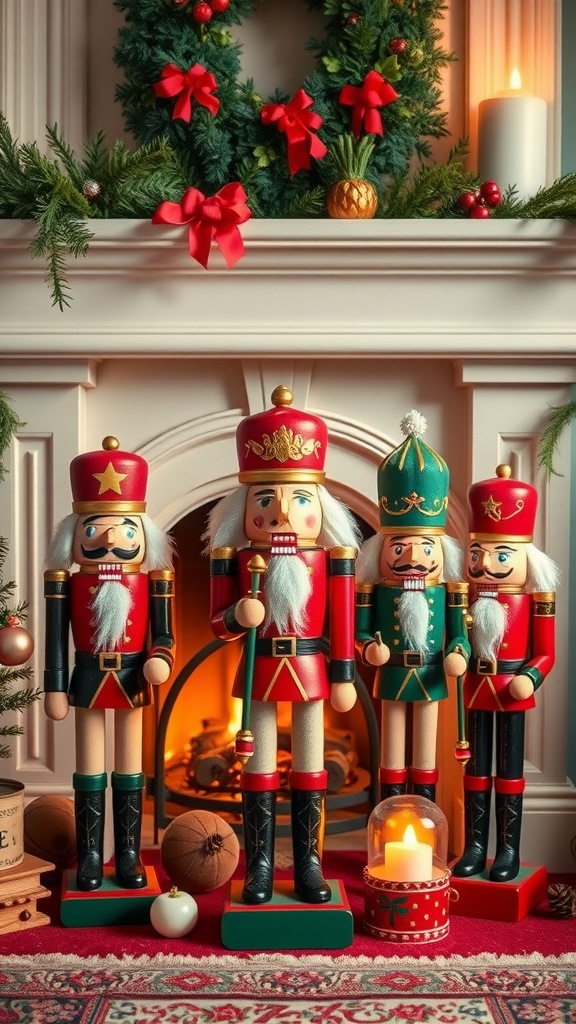 A classic nutcracker display with four nutcracker figures in front of a fireplace, adorned with festive decorations.