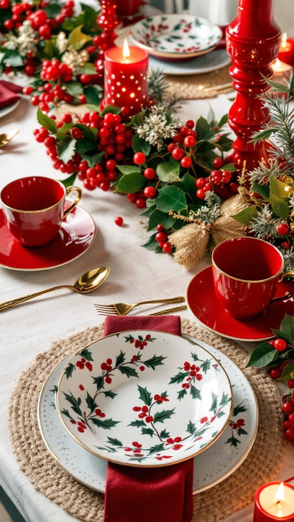 A beautifully set Christmas table with red and green decorations, featuring plates, cups, and candles.