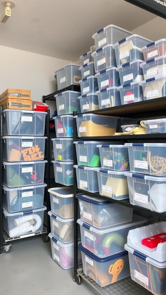 Organized garage with clear plastic bins stacked on shelves, showcasing easy visibility of items inside.