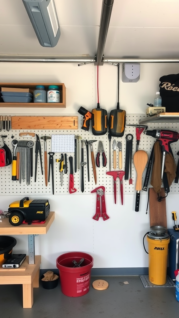 A well-organized garage workshop with wall-mounted tools and shelves.