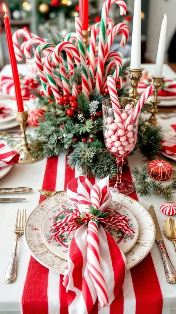 A beautifully decorated Christmas table featuring candy canes, red candles, and festive decorations.