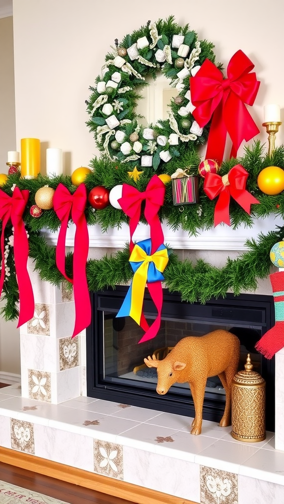 A decorated fireplace with colorful holiday bows, ribbons, and a festive wreath.