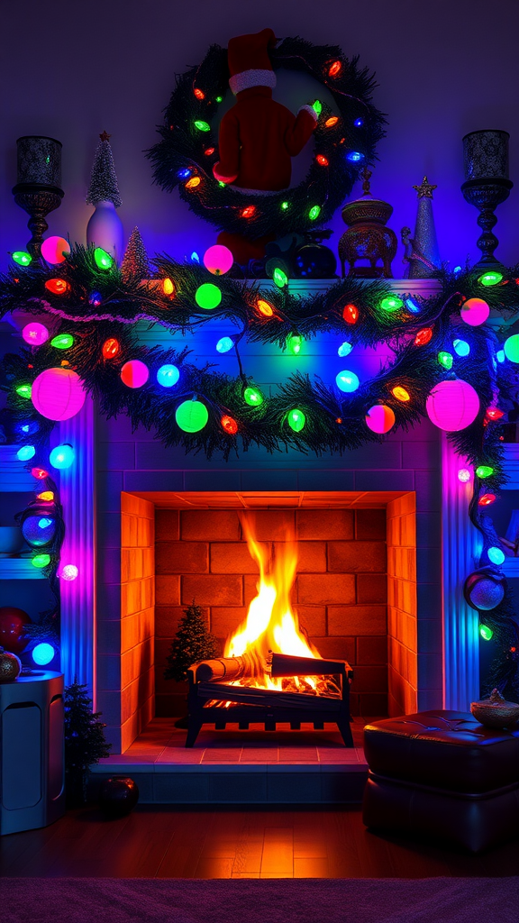 A cozy fireplace decorated with colorful holiday lights and festive ornaments.