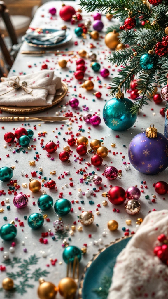 A festive table setting with colorful ornaments and decorations scattered across a white tablecloth.