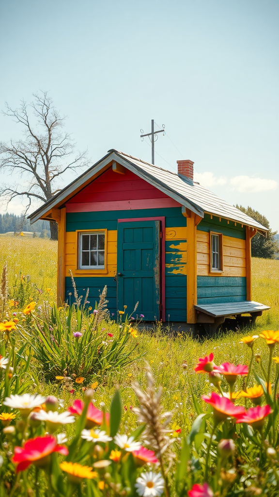 A colorful tiny cabin with a vibrant exterior surrounded by flowers.