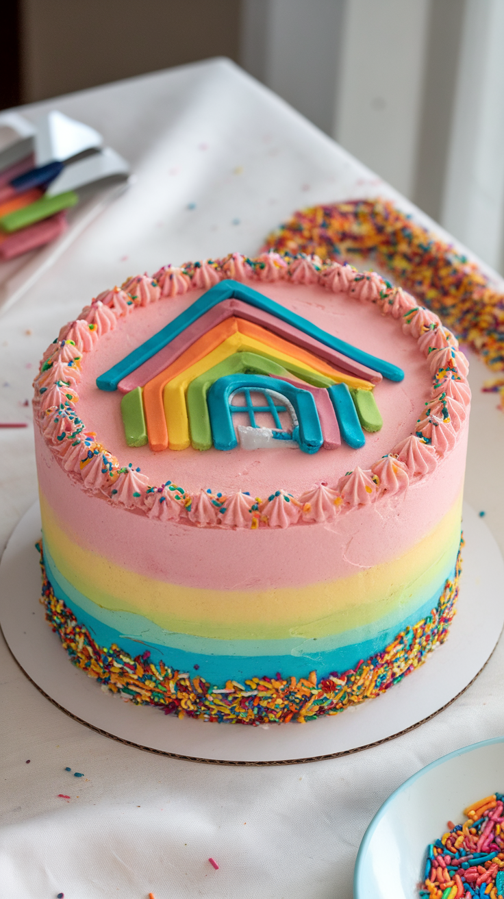 A colorful rainbow cake decorated with a house design on top and sprinkles around the base.